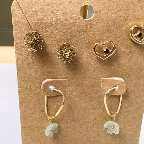 Vintage Gold Tone Earrings Lot of 3 Pair Heart and Garnet Dangle Rose Dandelion - Picture 2 of 5